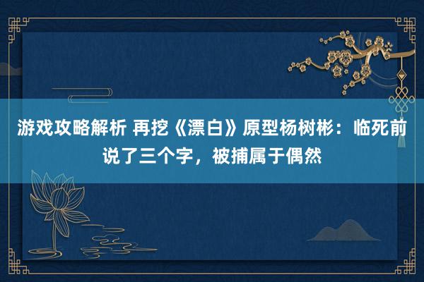 游戏攻略解析 再挖《漂白》原型杨树彬：临死前说了三个字，被捕属于偶然